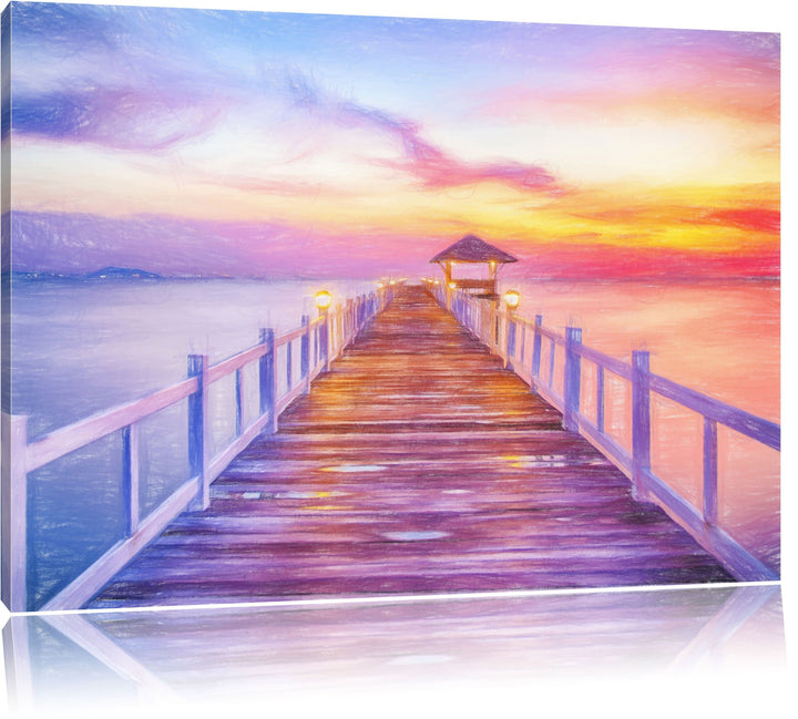 Pixxprint Steg ins Meer bei Sonnenuntergang als Leinwandbild/Grösse: 100x70 cm/Wandbild/Kunstdruck/f