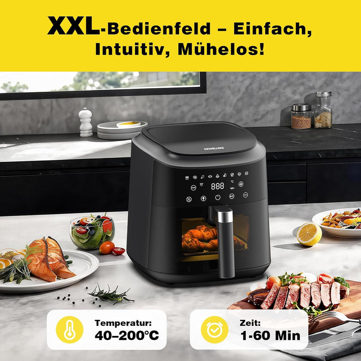 Airfryer XL 6L, Heissluftfritteuse mit Sichtfenster, Heissluftfriteuse mit Touch Screen, 9 Programme