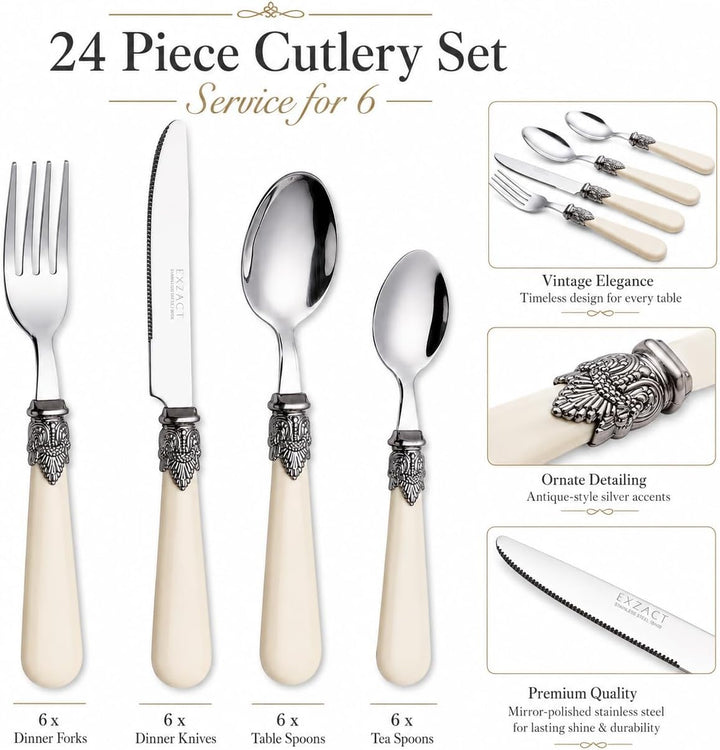 EXZACT Elfenbein Creme Besteck Set 24 Stück, Edelstahl mit detaillierten Griff, traditionelle, elega