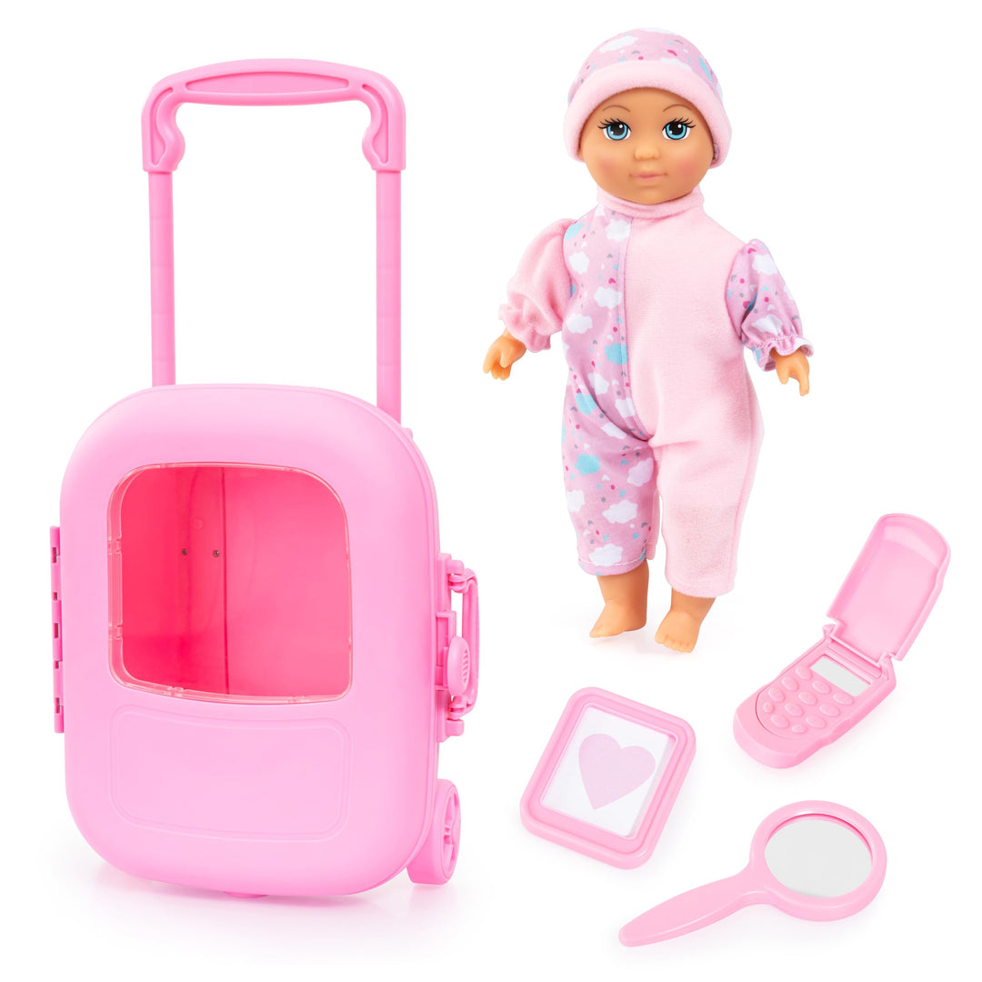 Bayer Design 92805AC Puppe mit Trolley und Zubehör, Spielset, Puppenzubehör, Koffer zum Schliessen u