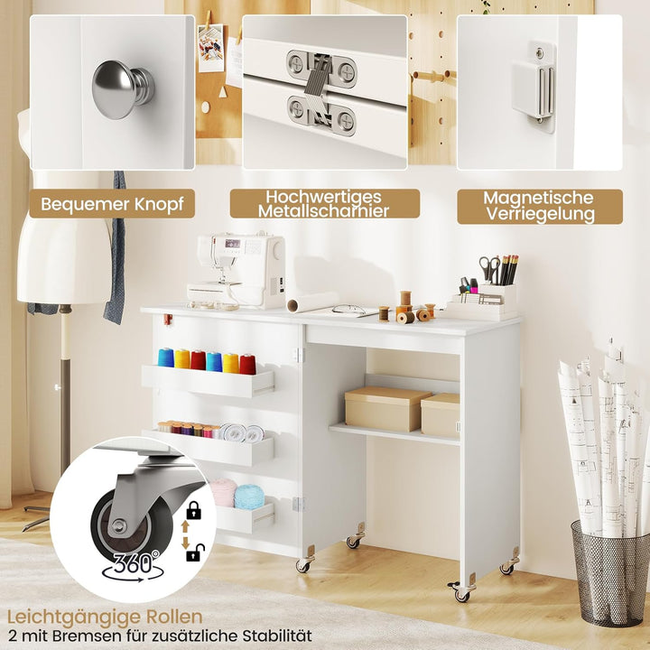 COSTWAY 2 in 1 Nähtisch klappbar, Nähmaschinenschrank aus Holz mit Regalen & Ablagefach, Nähschrank