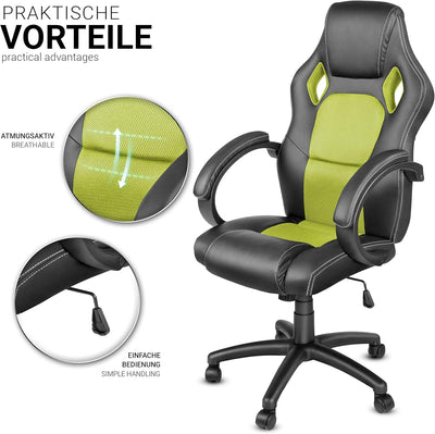 TRESKO Racing Chefsessel Bürostuhl Drehstuhl 14 Farbvarianten, gepolsterte Armlehnen, Wippmechanik,