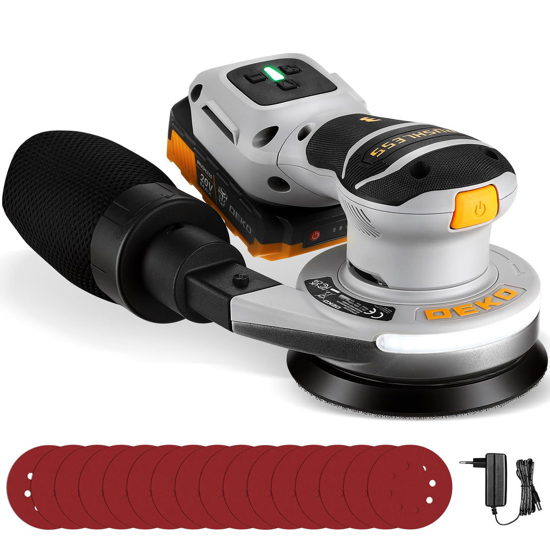 Exzenterschleifer 125 mm Schleifmaschine für Holz: DEKOPRO 20V Bürstenloser Akkuschleifer mit 16 Stü