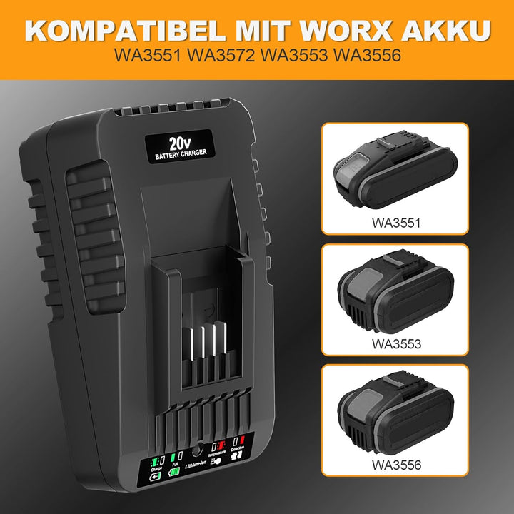 Schnellladegerät Ersatzladegerät für Worx Akku Ladestation Kompatibel mit Worx 20V Akku WA3551