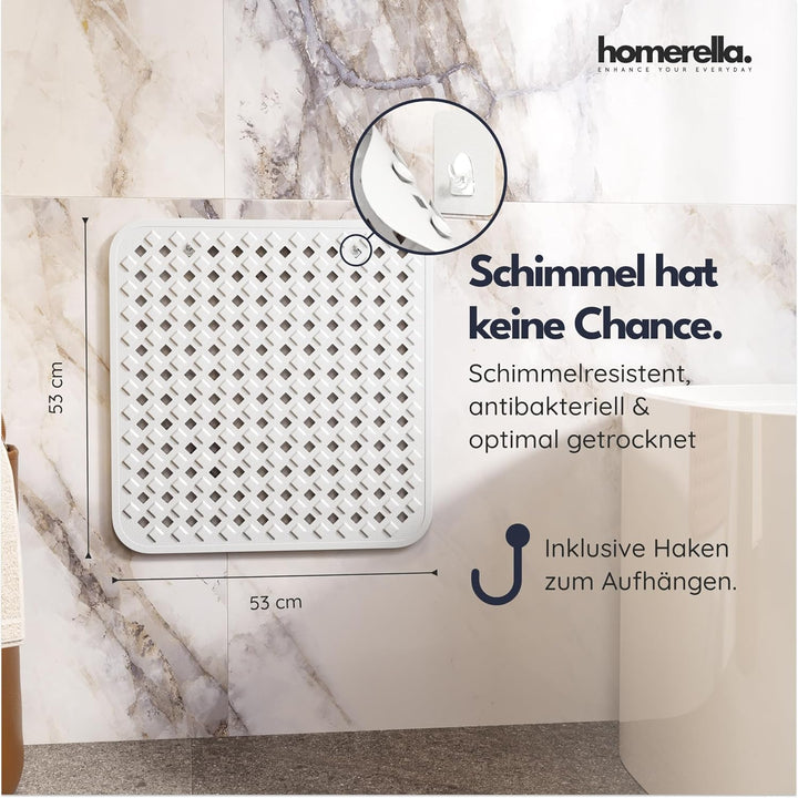 Homerella Duschmatte rutschfest 53x53 cm Dusche - mit 2 Klebehaken Weiss | Fester Halt auf glatten D