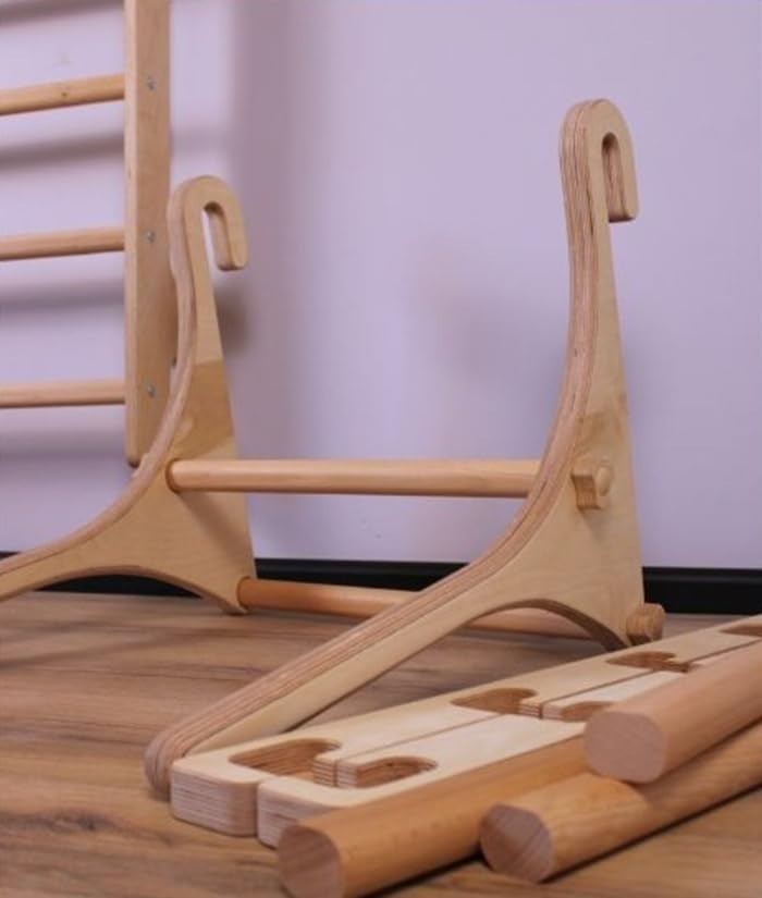 Komplettes Set aus robusten Trainingsgeräten aus Holz: stabile Dip-Stange und Klimmzugstange – 5-stu