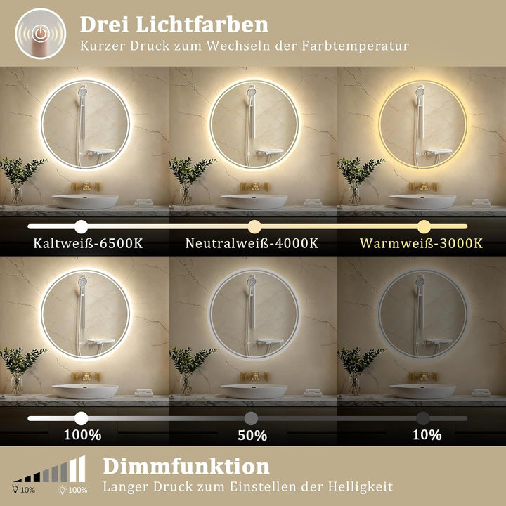 Spiegel Rund mit Beleuchtung 80cm: Badezimmerspiegel Badspiegel mit Uhr, Beschlagfrei, Touch Schalte
