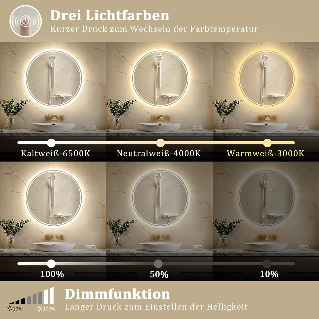Spiegel Rund mit Beleuchtung 50cm: Badezimmerspiegel Badspiegel mit Uhr, Beschlagfrei, Touch Schalte