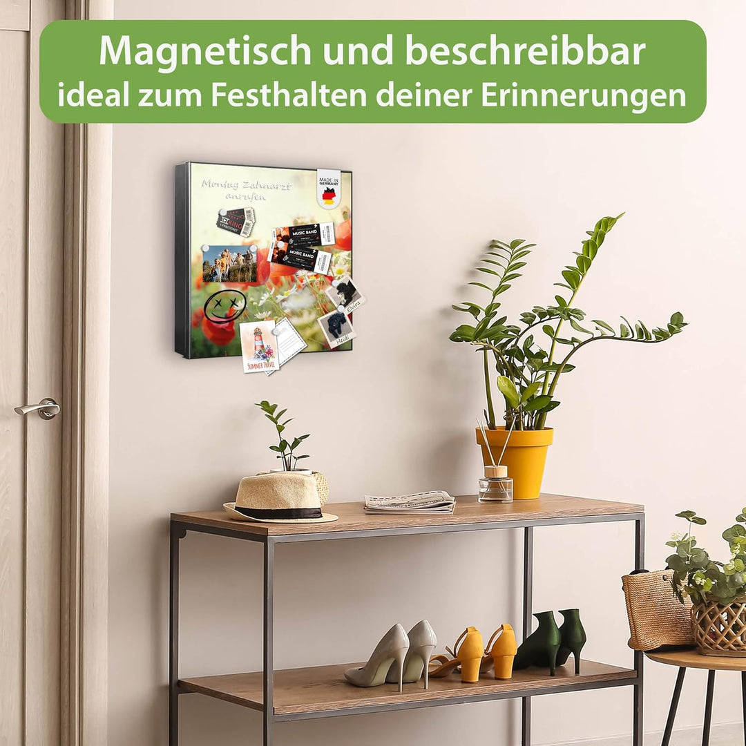 banjado® Grosser Schlüsselkasten Glas/Schlüsselbox 30cm x 30cm mit 50 Haken - Motiv Kamille Und Mohn