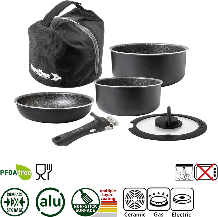 BRUNNER Camping Kochgeschirr-Set Alu (Töpfe und Pfannen) - ø 20, 22, 24, 26-cm Pirate Vakublock - 4