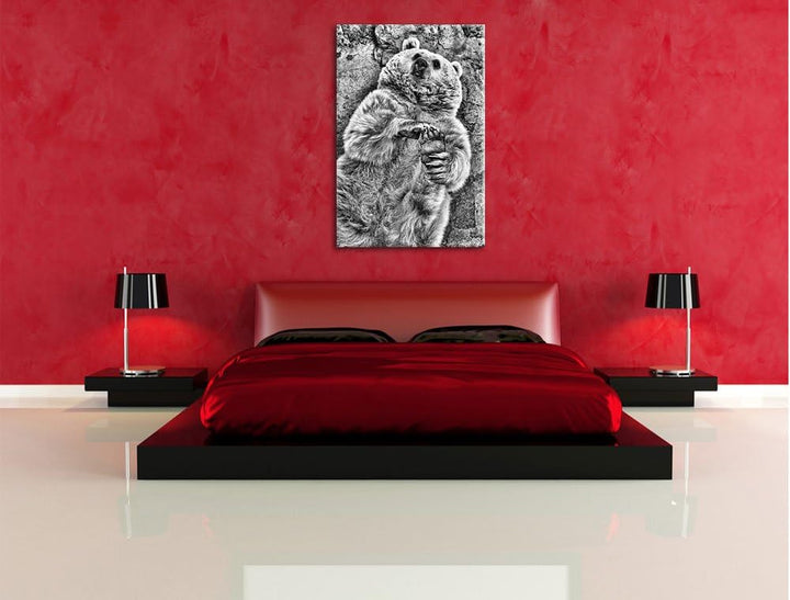Pixxprint verspielter Grizzlybär / 100x70cm Leinwandbild bespannt auf Holzrahmen/Wandbild Kunstdruck