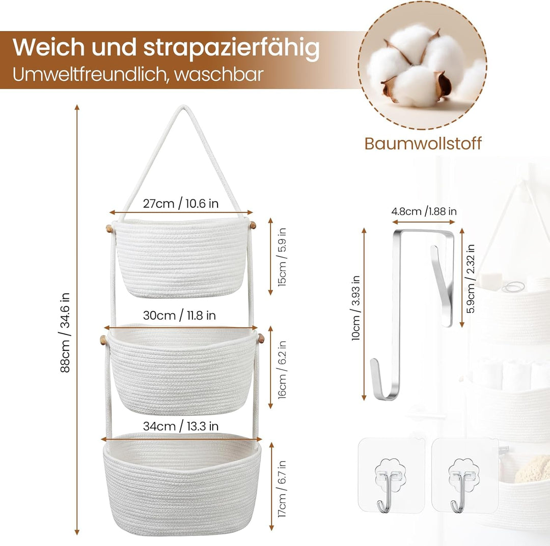 Abnehmbarer Hängeorganizer aus Baumwollseil, 3-stufiger Hängekorb für Tür &amp; Wand, Weisser Wandkorb f