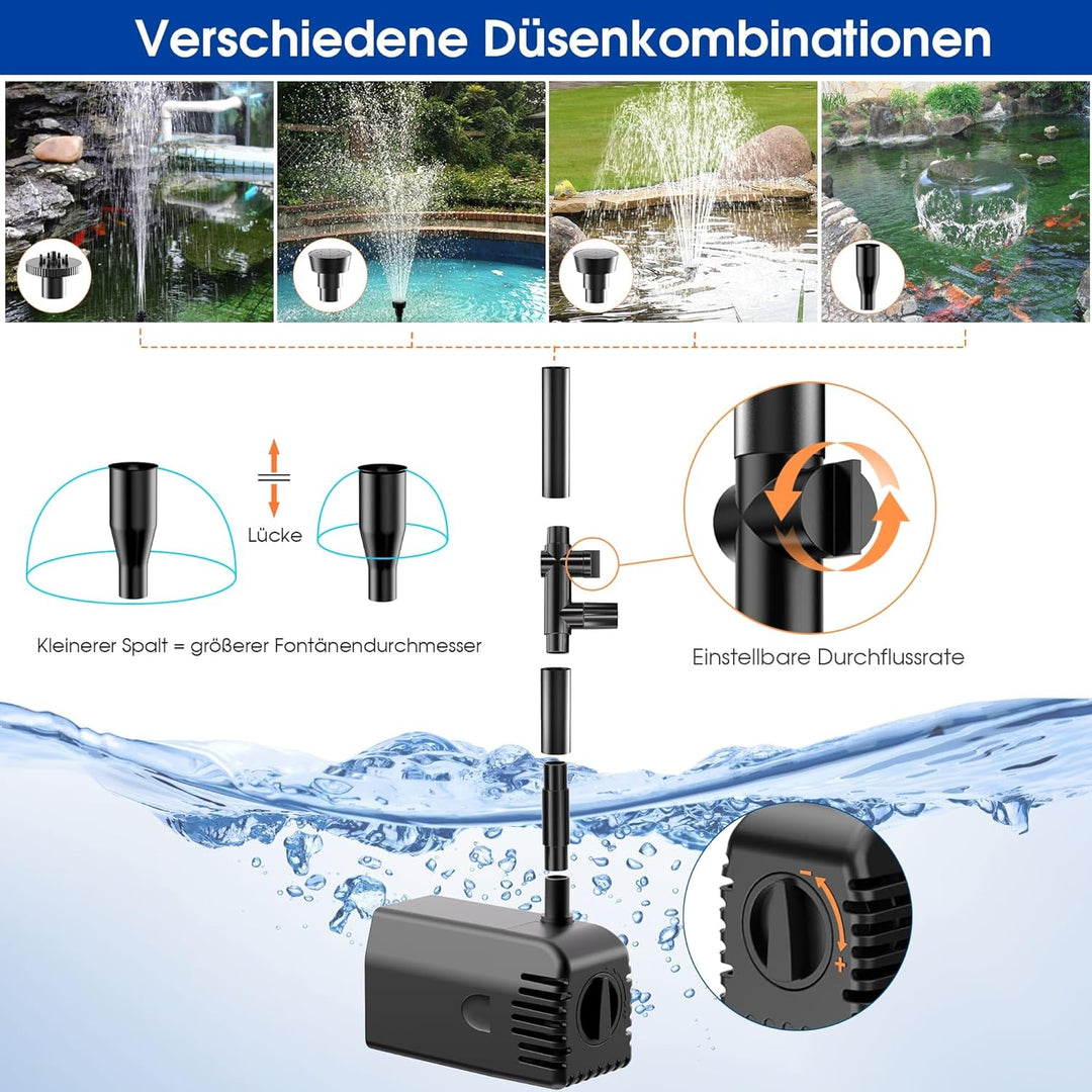 Biling Solar Springbrunnen für Aussen, 12W Solar Teichpumpe 605L/H Leise mit 4 Düsen und Schlauch, S