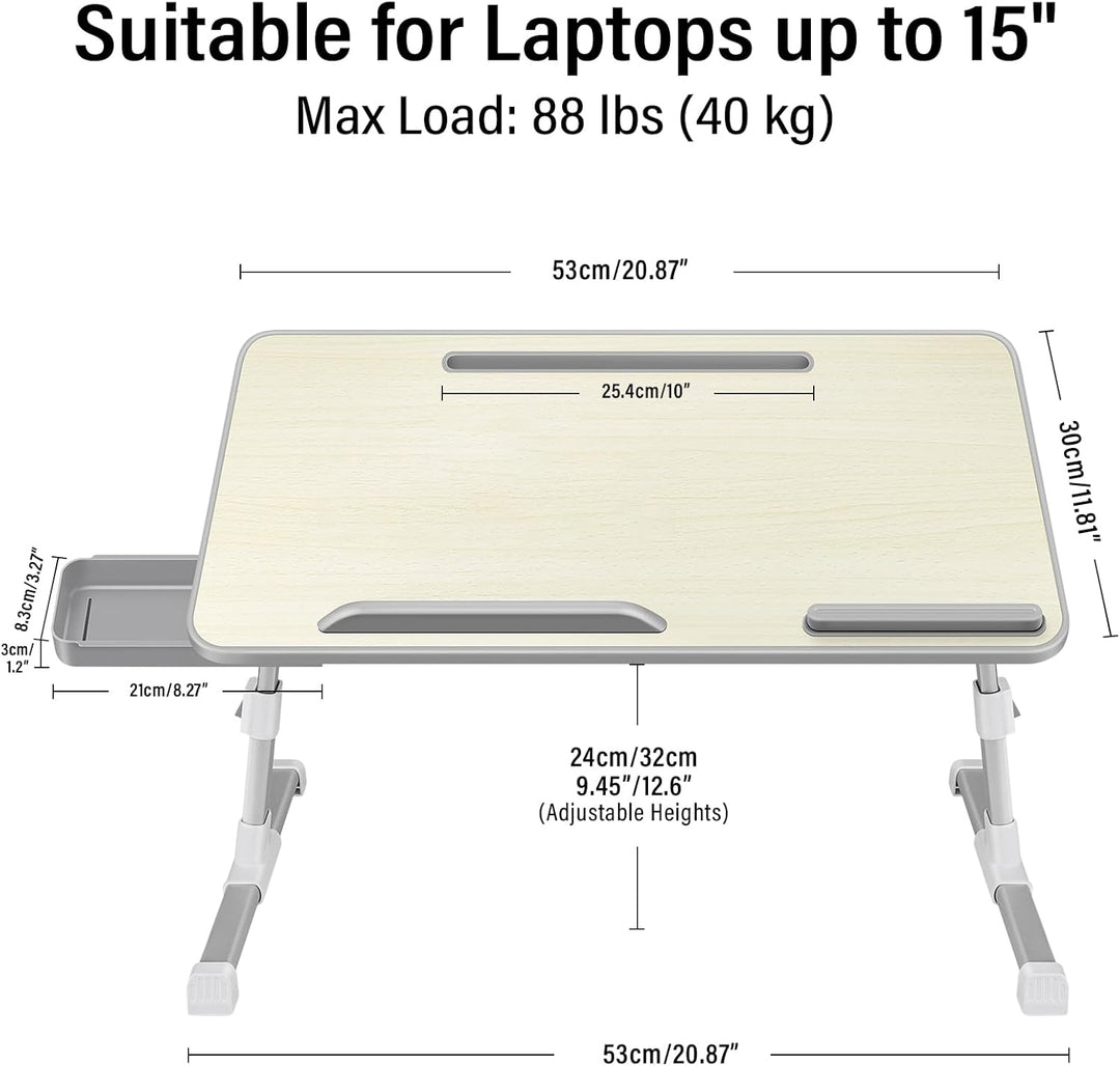Laptoptisch fürs Bett, Höhenverstellbar, Winkelverstellbar, Betttisch Klappbar mit Schublade, Tablet