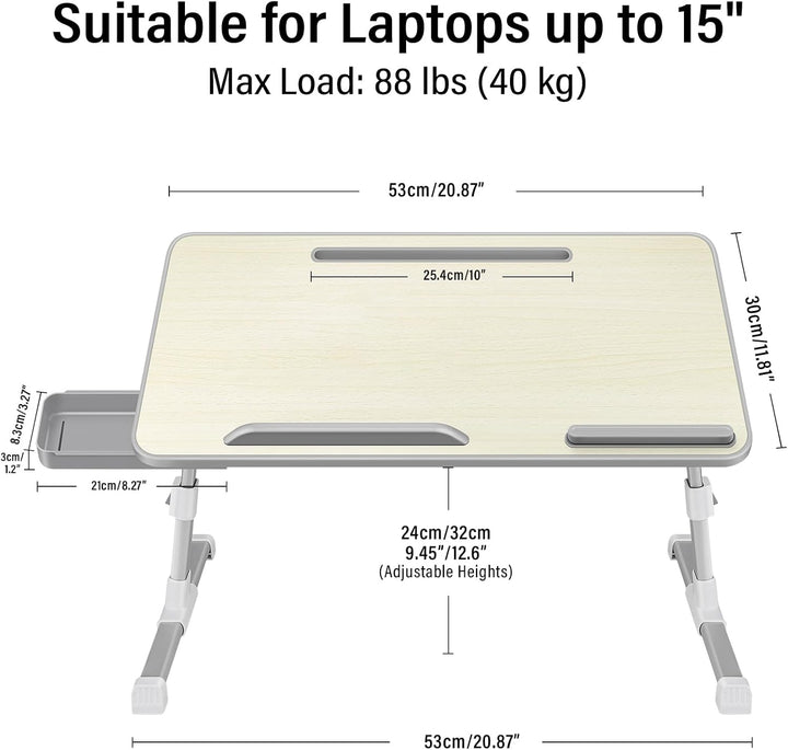 Laptoptisch fürs Bett, Höhenverstellbar, Winkelverstellbar, Betttisch Klappbar mit Schublade, Tablet