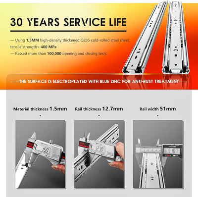 AOLISHENG Schwere Schubladenschienen Vollauszug 750 mm Kugellager schubladenführungen 50 kg Tragkraf