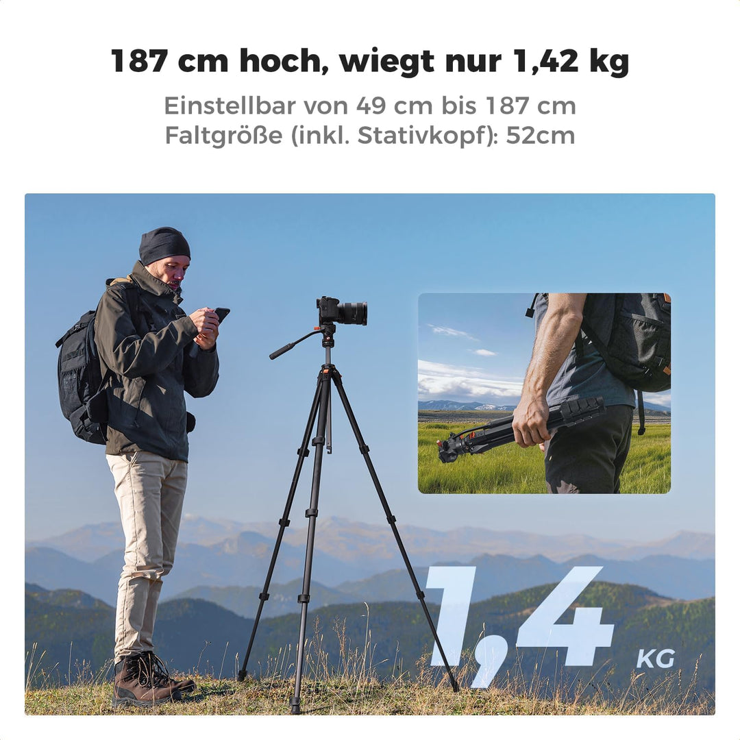 Kamera Stativ,K&F CONCEPT Videostativ mit Fluidkopf,187cm Stativ Kamera, Tripod für unterwegs, Kompa