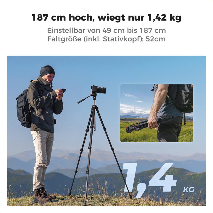 Kamera Stativ,K&F CONCEPT Videostativ mit Fluidkopf,187cm Stativ Kamera, Tripod für unterwegs, Kompa