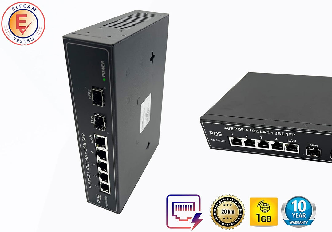 Elfcam® - PoE Switch Glasfaser mit 2 Ports SFP 1,25 GB, 4 Ports PoE Gigabit Ethernet 10/100/1000 Mbp
