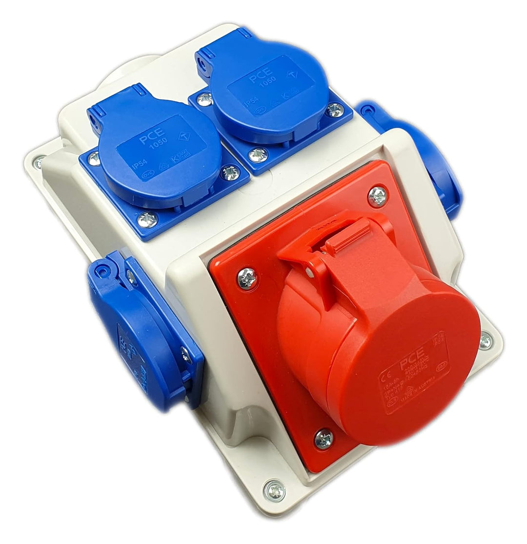 RoadEu Kombi Wandsteckdose 16A 5P mit 4x 230V Schuko. CEE Steckdose 16A. Starkstrom Steckdose IP44 f