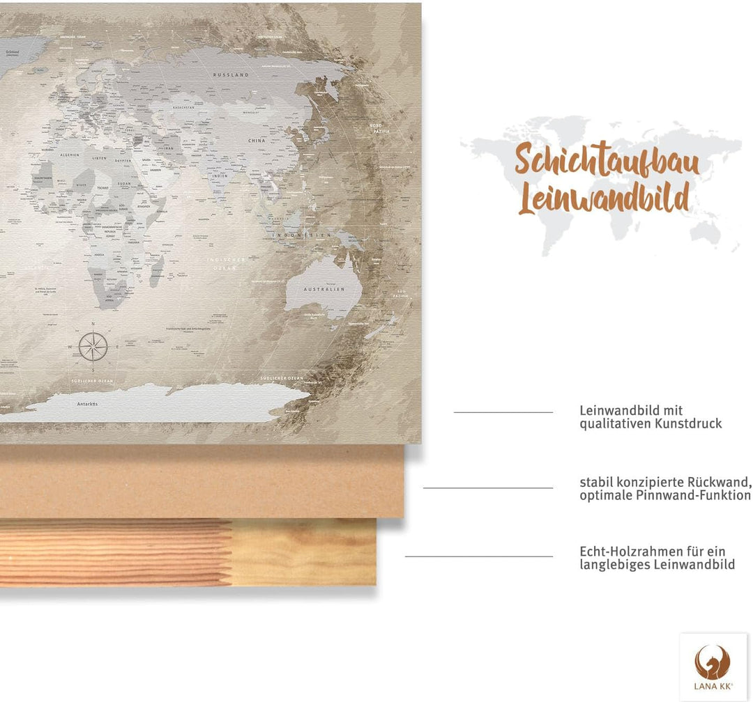 LANA KK - Luxus Pinnwand Weltkarte - Beige - Deutsch - in 100 x 70 cm, stabile Rückwand zum Pinnen i