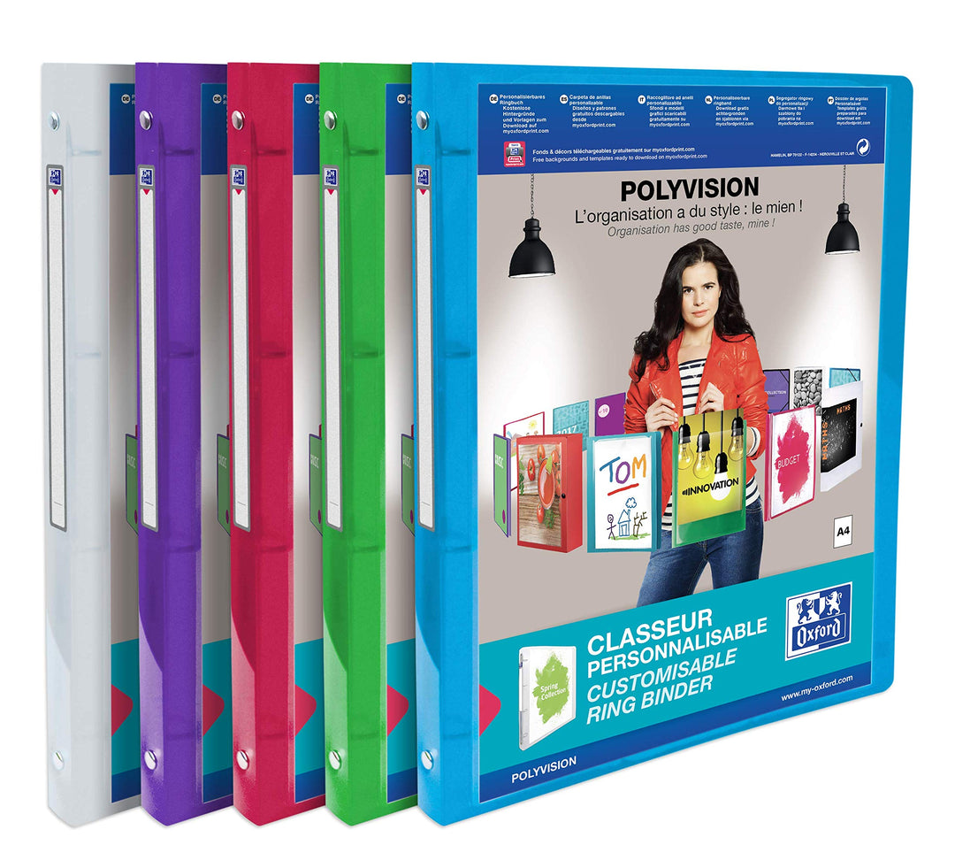 Oxford Ringbuch A4, polyvision, 4 Ringe, 2 cm Rücken, 5 Farben, 12 Stück Farbig Sortiert 12 Stück, F