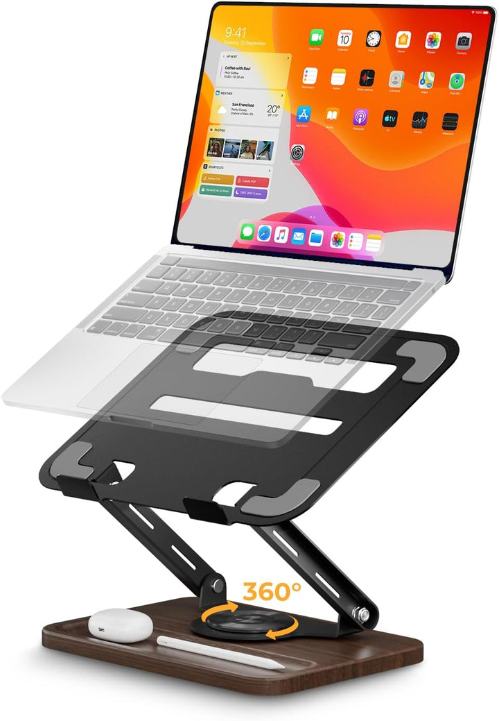 SupeDesk Laptop Ständer mit 360° drehbarer hölzerner Basis,verstellbarer Laptopständer mit Staufach,