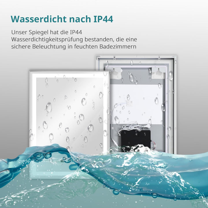 YOURLITE Badspiegel mit Beleuchtung 60x80cm, LED Spiegel Bad mit Uhr, 3 Lichtfarben Dimmbar, Badezim