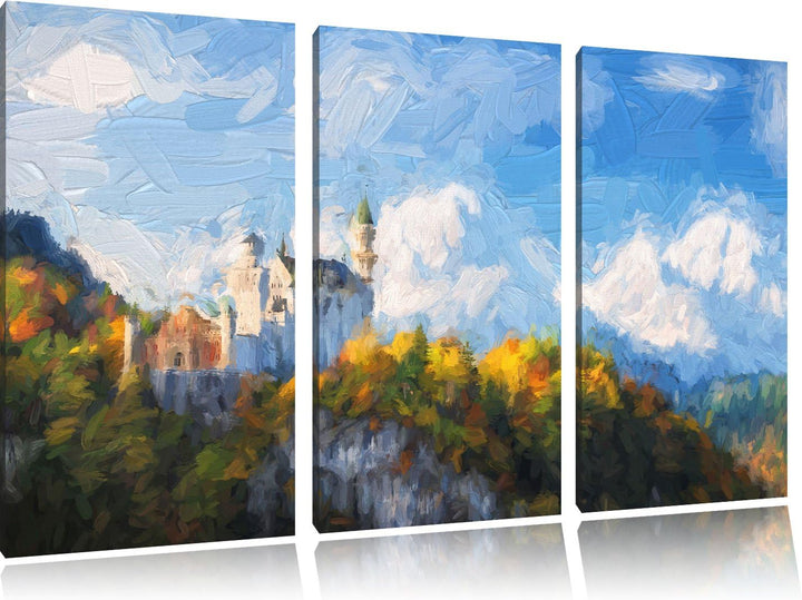 Pixxprint Schloss Neuschwanstein / 3-Teilig/Gesamtmass 120cm Leinwandbild bespannt auf Holzrahmen/Wa