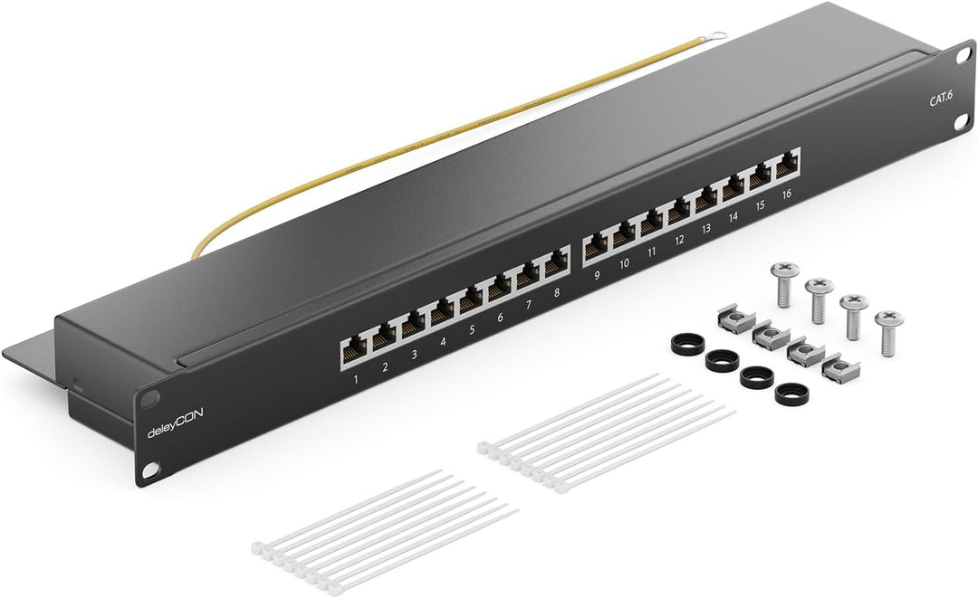 deleyCON CAT 6 Patchpanel Verteilerfeld 16 Port - Desktop 19" Zoll Rackeinbau Servermontage - RJ45 -
