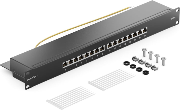 deleyCON CAT 6 Patchpanel Verteilerfeld 16 Port - Desktop 19" Zoll Rackeinbau Servermontage - RJ45 -