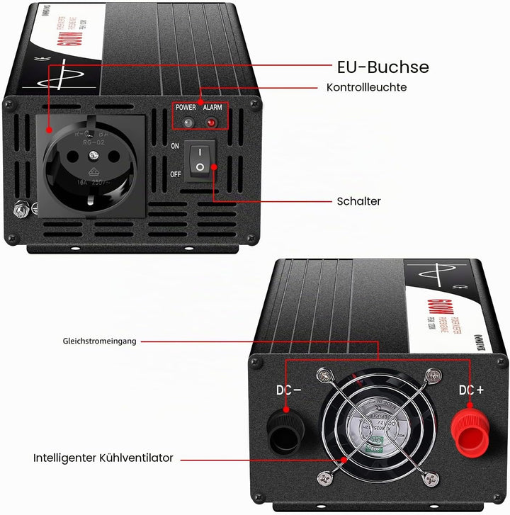 wechselrichter 12v auf 230v Reiner Sinus 600w 50HZ Spannungswandler mit Fernbedienung & Doppel-Digit