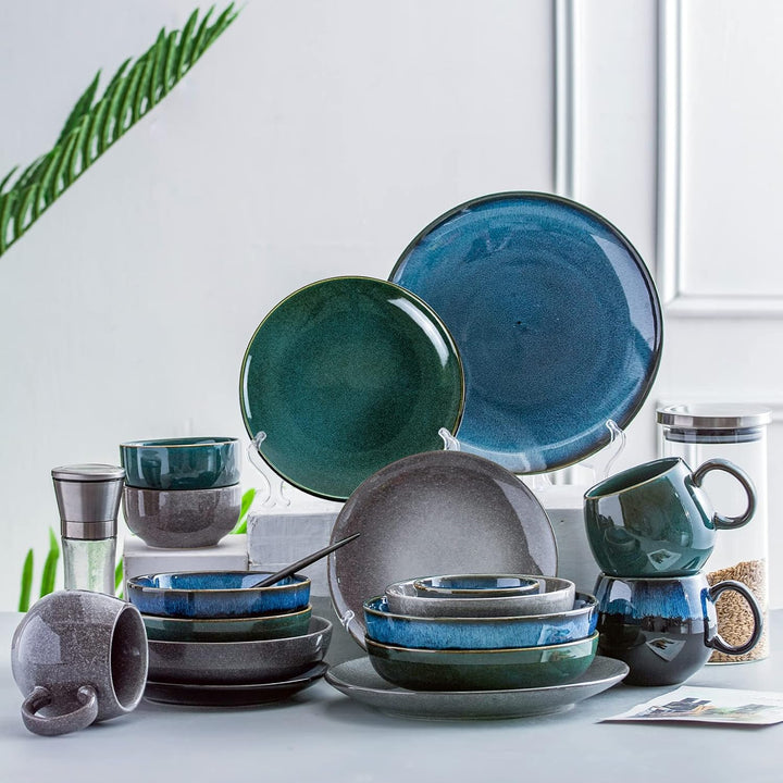 UNICASA Porzellan Tellerset, Grosse Salatteller Vintage Grün - 20 cm, Speiseteller Set 4-tlg Geschir