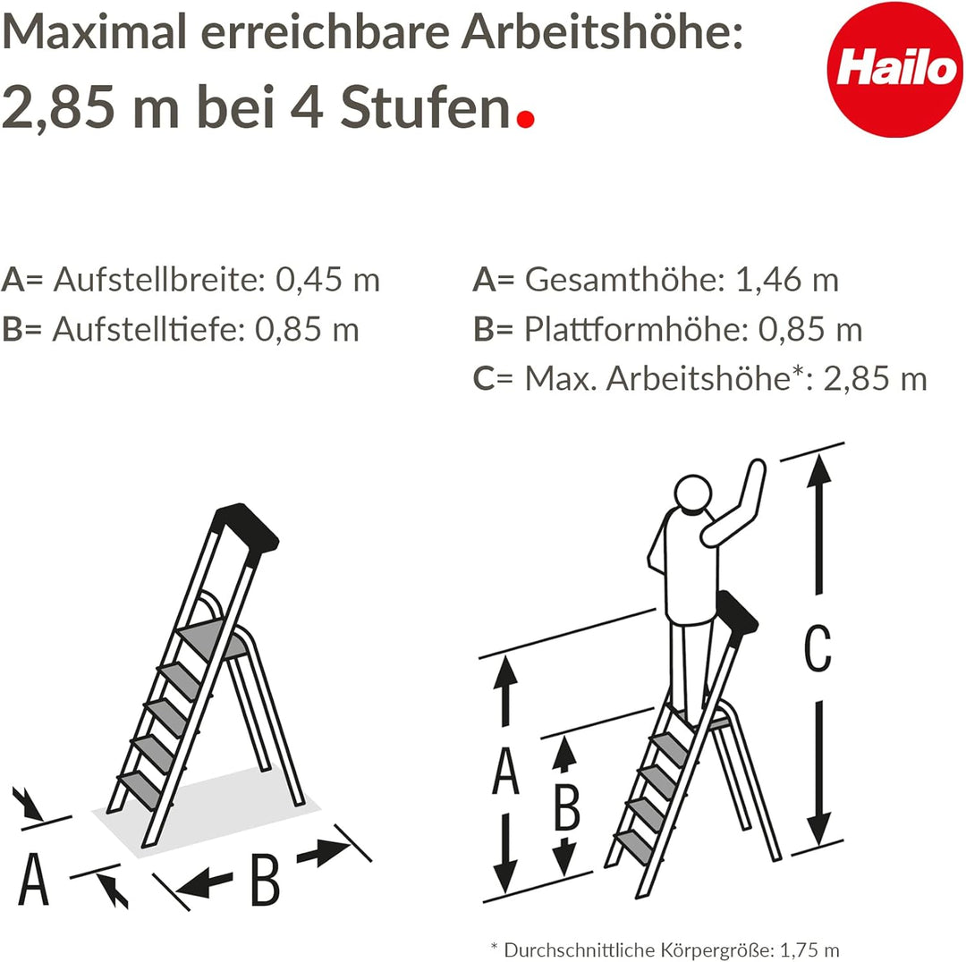 Hailo Stehleiter StandardLine 4 Stufen, belastbar bis 150 kg, kleine Leiter aus Aluminium mit Ablage