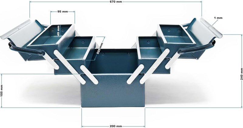 Wiltec Werkzeugkiste 530x200x200mm aus Stahl mit 5 Fächern, beständiger Werkzeugkasten mit Handgriff