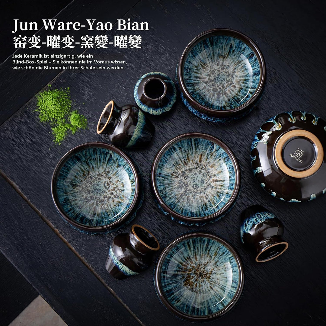 Japanische Matcha-Schale aus Keramik mit Schneebesenhalter, 510 ml. TEANAGOO K14, Blau, Chawan Match