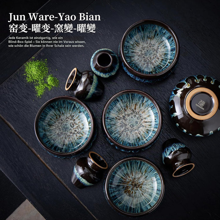 Japanische Matcha-Schale aus Keramik mit Schneebesenhalter, 510 ml. TEANAGOO K14, Blau, Chawan Match