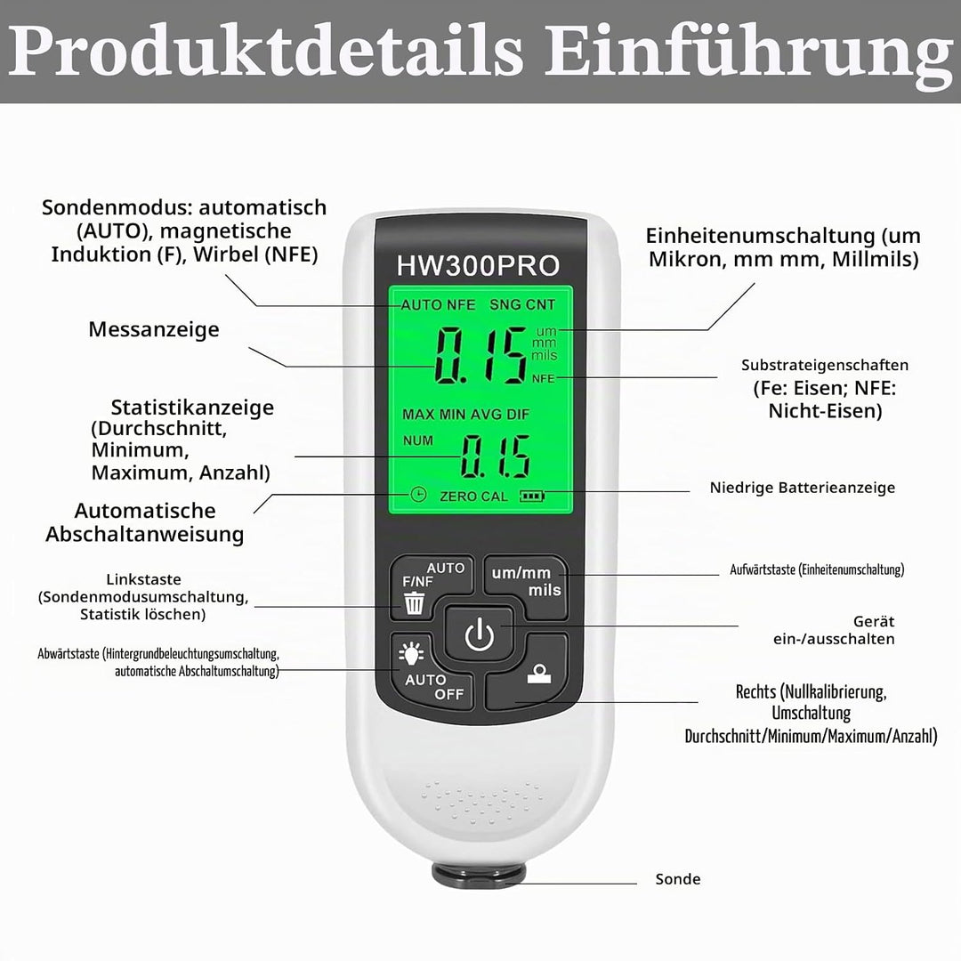 Digitales Schichtdickenmessgerät, Lackmessgerät Auto, 0-2000UM Lackdickenmessgerät, Farbdickenmessge