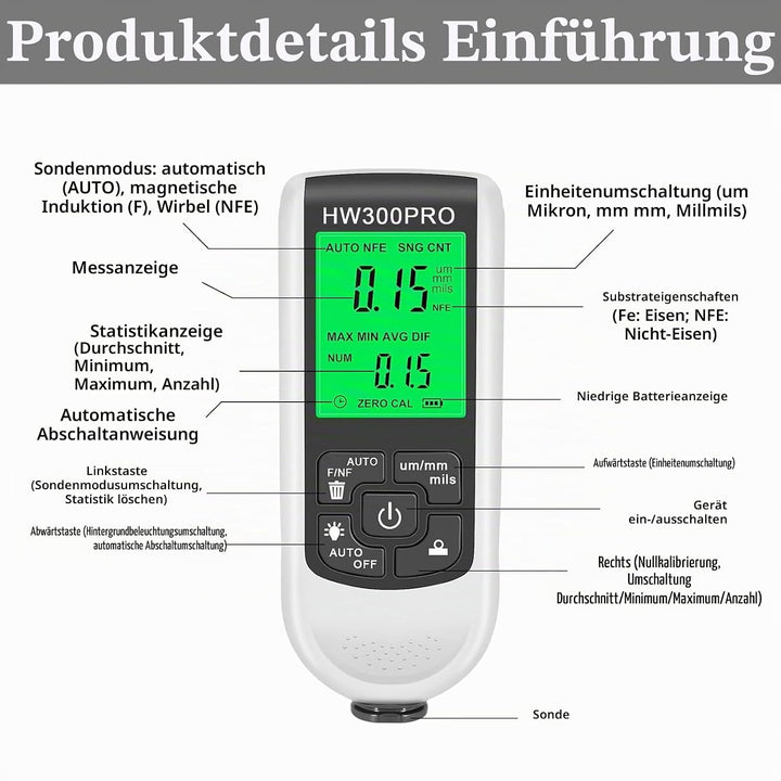 Digitales Schichtdickenmessgerät, Lackmessgerät Auto, 0-2000UM Lackdickenmessgerät, Farbdickenmessge
