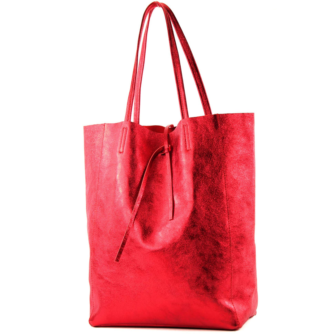 modamoda de - T163 - Ital. Shopper Large mit Innentasche aus Leder Rot-metallic, Rot-metallic