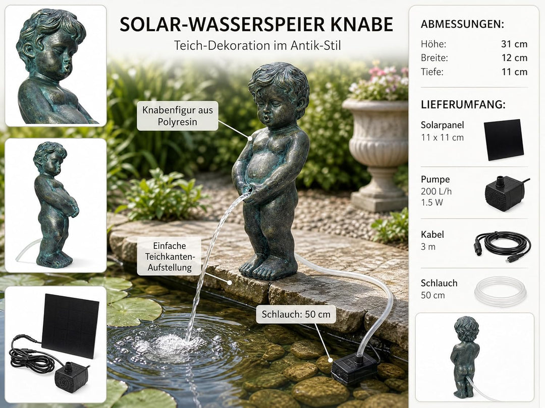 Arnusa Solar Wasserspeier – Teichfigur mit Solarpumpe & Wasserspiel – Gartendeko aus Polyresin in Ku
