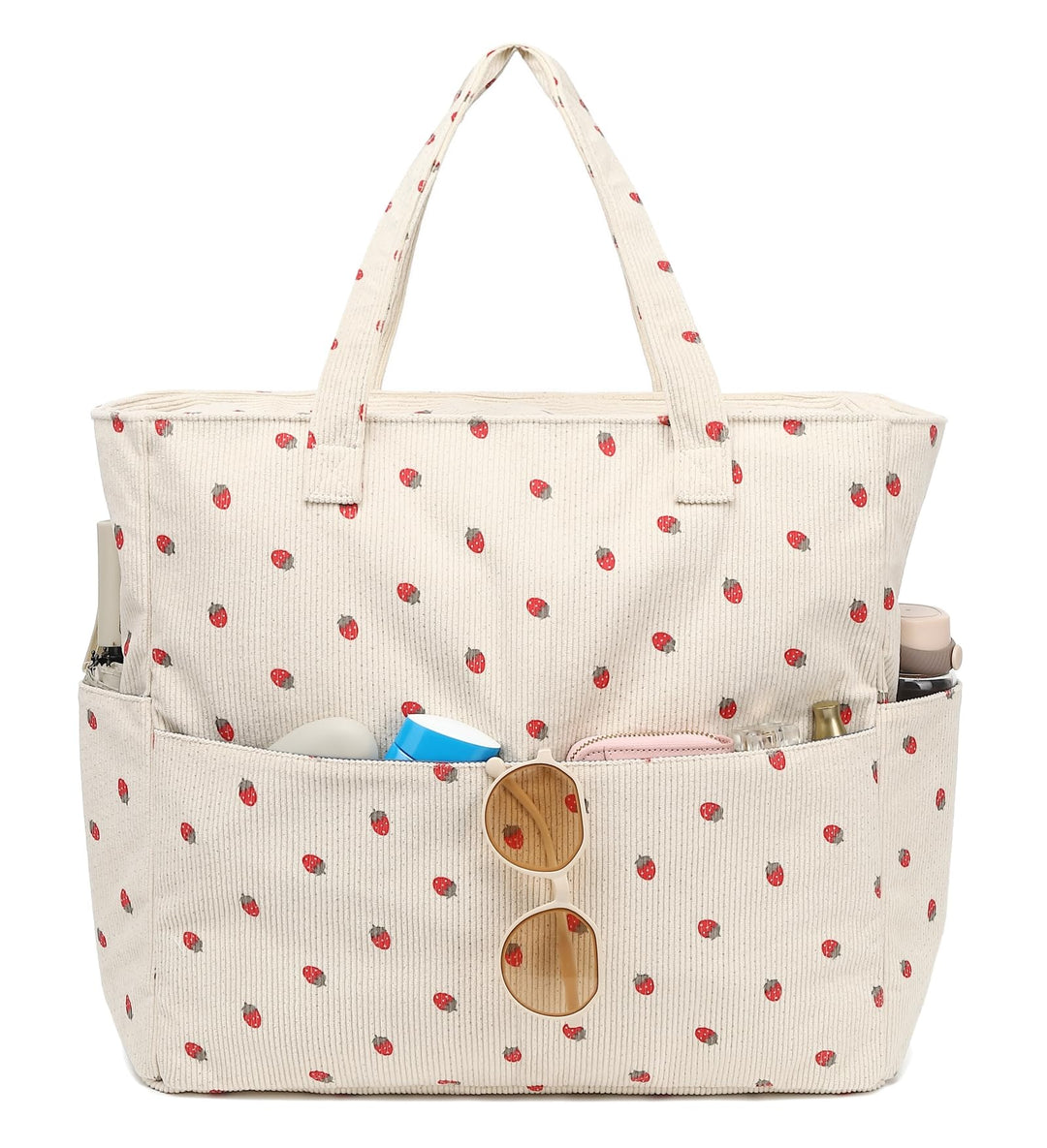 LEDAOU Strandtasche Damen, Grosse Cord Tote Bag mit wasserdichtem Nassfach Beige Erdbeeren, Beige Er