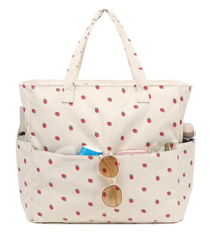 LEDAOU Strandtasche Damen, Grosse Cord Tote Bag mit wasserdichtem Nassfach Beige Erdbeeren, Beige Er