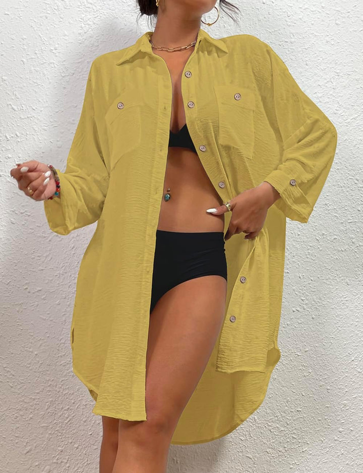 Bsubseach Badeanzug Coverup für Frauen Badeanzug Cover Up Button Down Shirt Kleider Swiss Dot Gelb S
