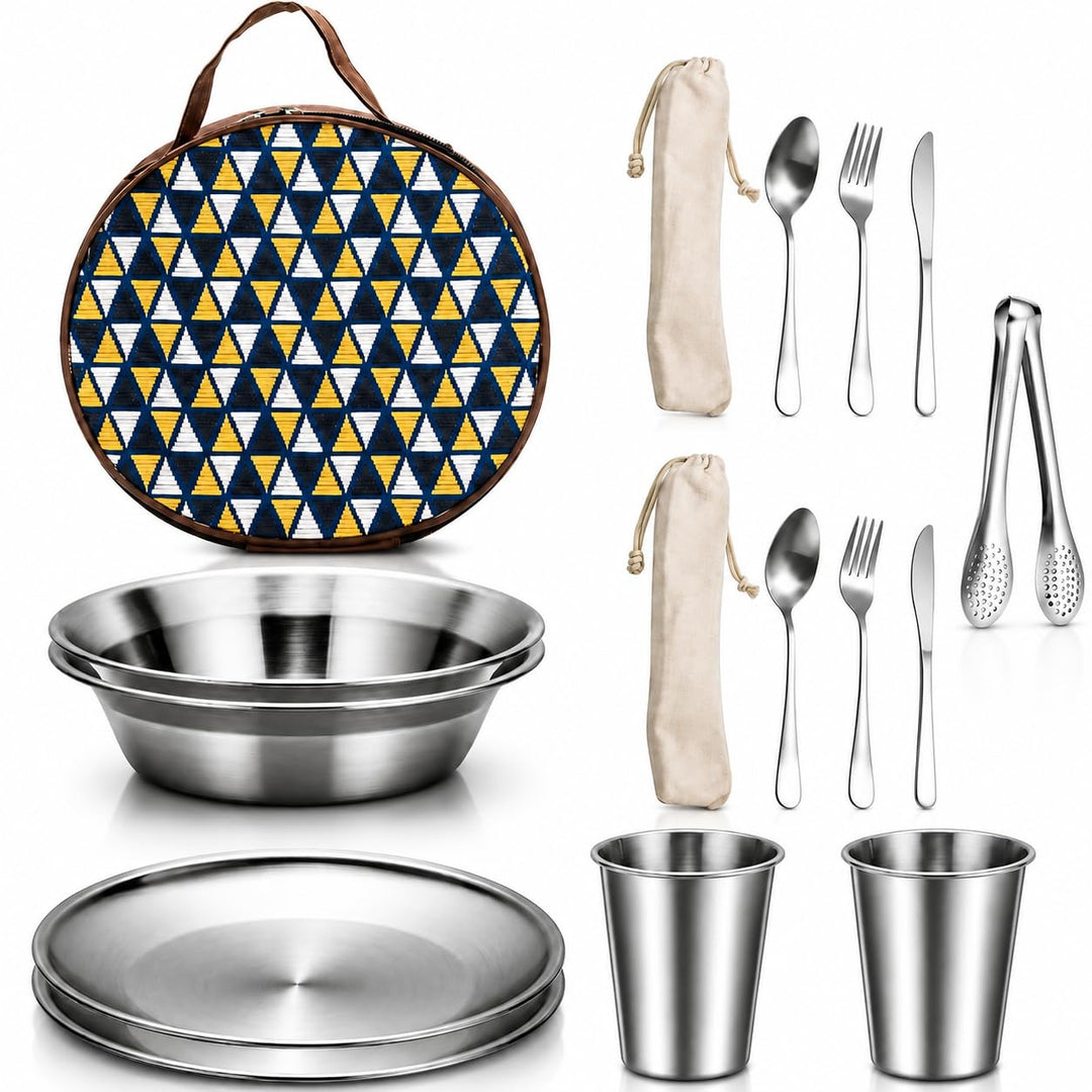 Campingbesteck Set 2 Person, 15 Stück Edelstahl Besteck mit Etui Messer Gabel Löffel Teller Kaffeebe