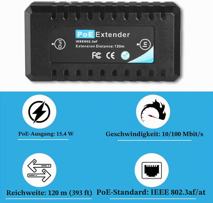 Revotech 1 Port PoE Extender, 15W PoE Output bis zu 120m(393 ft), 10/100Mbps Transmit, Comply IEEE80