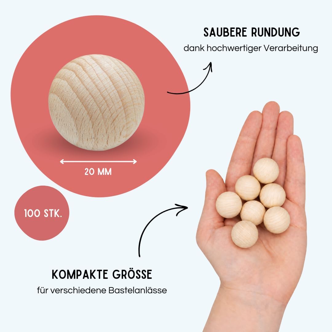 EV® Holzkugeln ohne Loch - 100 Stück 20mm Durchmesser - Made in Austria - Kleine Holzperlen ohne Boh