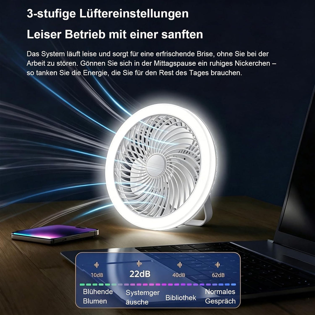 Camping Ventilator, 21 cm Campinglampe Lange Laufzeit mit 3 Windstufen | 3 Lichtstufen, Fernbedienun