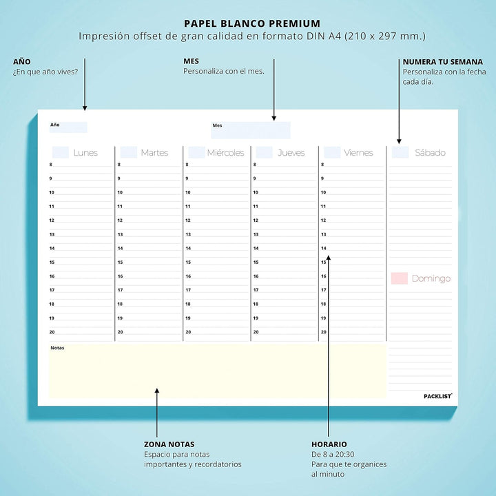 Undatierter Wochenplaner. DIN A4-Format, Schreibtischplaner, Wochenorganizer, Wochenagenda, -planer