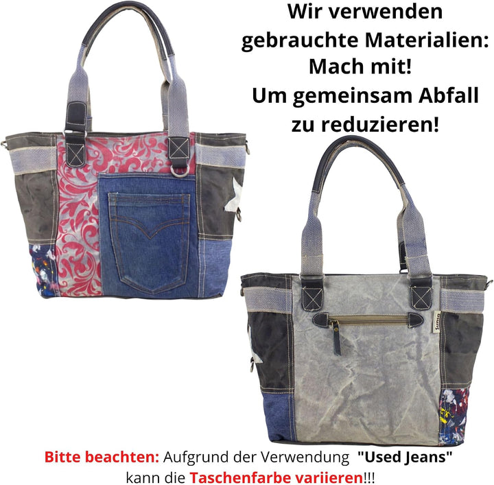 Sunsa Damen Handtasche. Grosse Nachhaltige Schultertasche aus Recycelte Jeans Canvas &amp; Leder. A4 gee